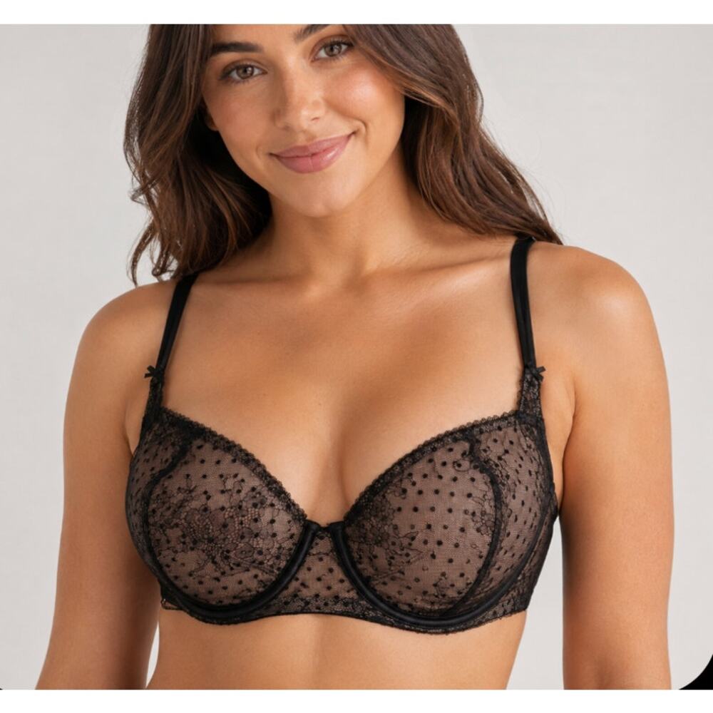 Victoria's Secret Dream Angels Unlined Balconet Lace Black Polka Dot 38DD